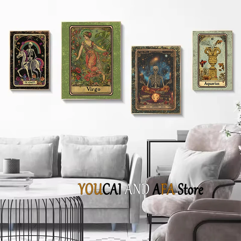 Tarot Card Design Vintage Cards Star Sign Mystic Seer Skull Skeleton Riding Unicorn Poster Canvas Painting Wall Pictures Decor