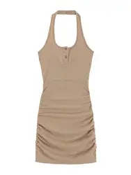 Women's Summer Sexy New Hanging Neck Strap Dress Solid Color Button Decorative Edge Pleated Spicy Girl Slim Mini Dress H6VL