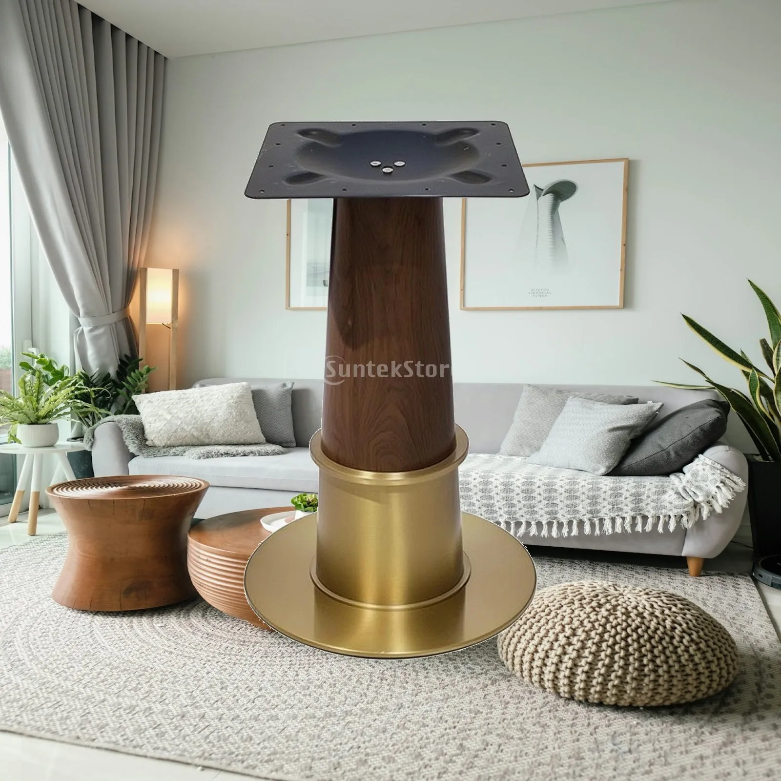 Pedestal Table Base with Mounting Plate Brushed Gold Round Table Base Furniture Wood Grain Hardware Commercial for Restaurants