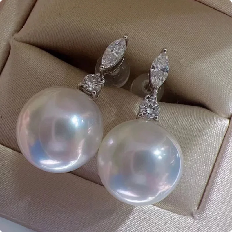 Designer oversized AAAAA 11-12mm South Sea round White Pearl Earrings 925S Sterling Silver Post Back Jewelry
