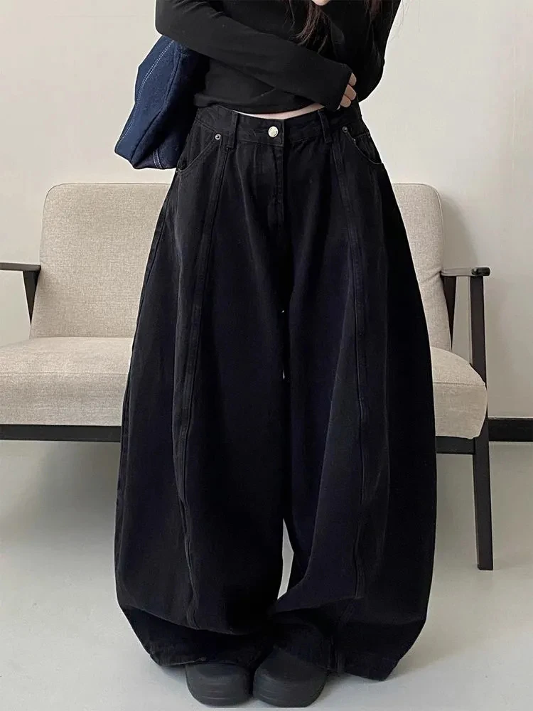 Black Wide Leg Jeans Women Vintage Streetwear Loose Casual Y2K Hottie Denim Pants American Retro High Waist Harajuku Trouser New