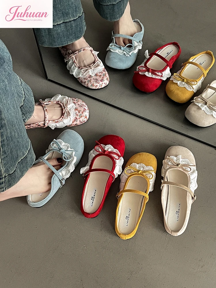 

Женские туфли Мэри Джейн с кружевом и оборками во французском стиле ретро, весна-лето, новинка 2025, темперамент, с неглубоким ртом и юбкой Tide