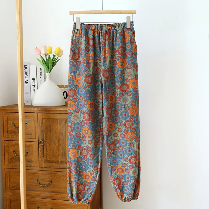 2024 Lipline Neue Damen-Pyjamahose, 100 % Baumwolle, Nahaufnahmehose, farbig gewebte Blumen-Haushose, Damen-Mückensichere Hose