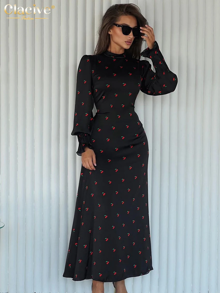 ClacMarkets-Robe à manches longues et col montant pour femme, tenue de soirée élégante et classique, à la mode