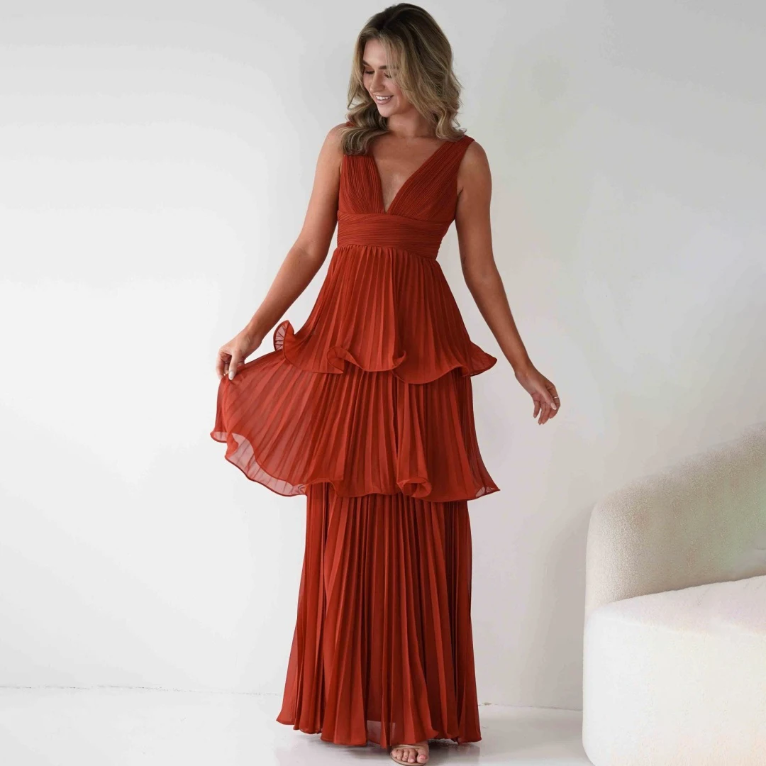 

Chic Chiffon V-neck Tiered Pleats Prom Dresses Elegant Solid Sleeveless A-line Lady Dress Wedding Festival Formal Evening Gowns