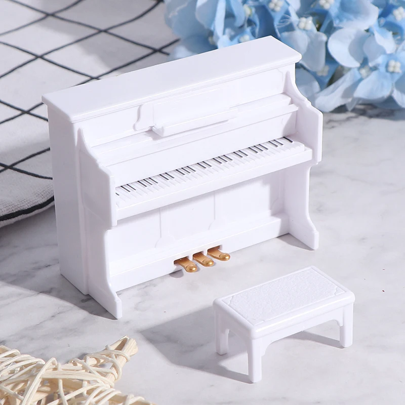 1/12 Dollhouse Mini Piano with Stool Musical Instrument Model for Doll House Accessories Decor Miniature Retro Piano Set