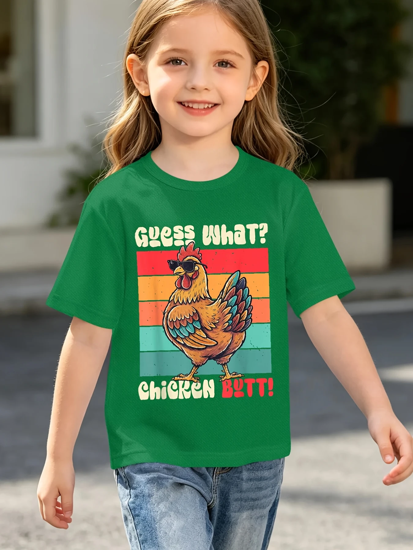 Funny Cool Chicken Sunglasses Retro Striped Letter Graphic Print T Shirt Family Matching Boys Girls Kids Short Sleeve Daily Tees