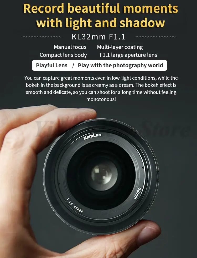 Kamlan 32mm f1.1 MF Manual Focus Large Aperture Camera Lens APS-C for Sony E/ Canon M/ Fuji X/ M43 Mirrorless Cameras in stock