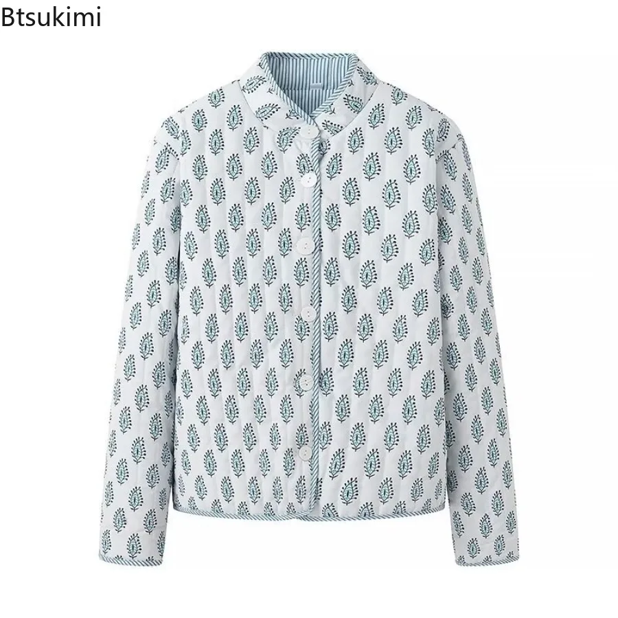 Winter Women's Quilted Jacket Double Sided Printed Mock Neck Long Sleeve Button Down Coat Fashion Casual Outerwear Y2K Clothes