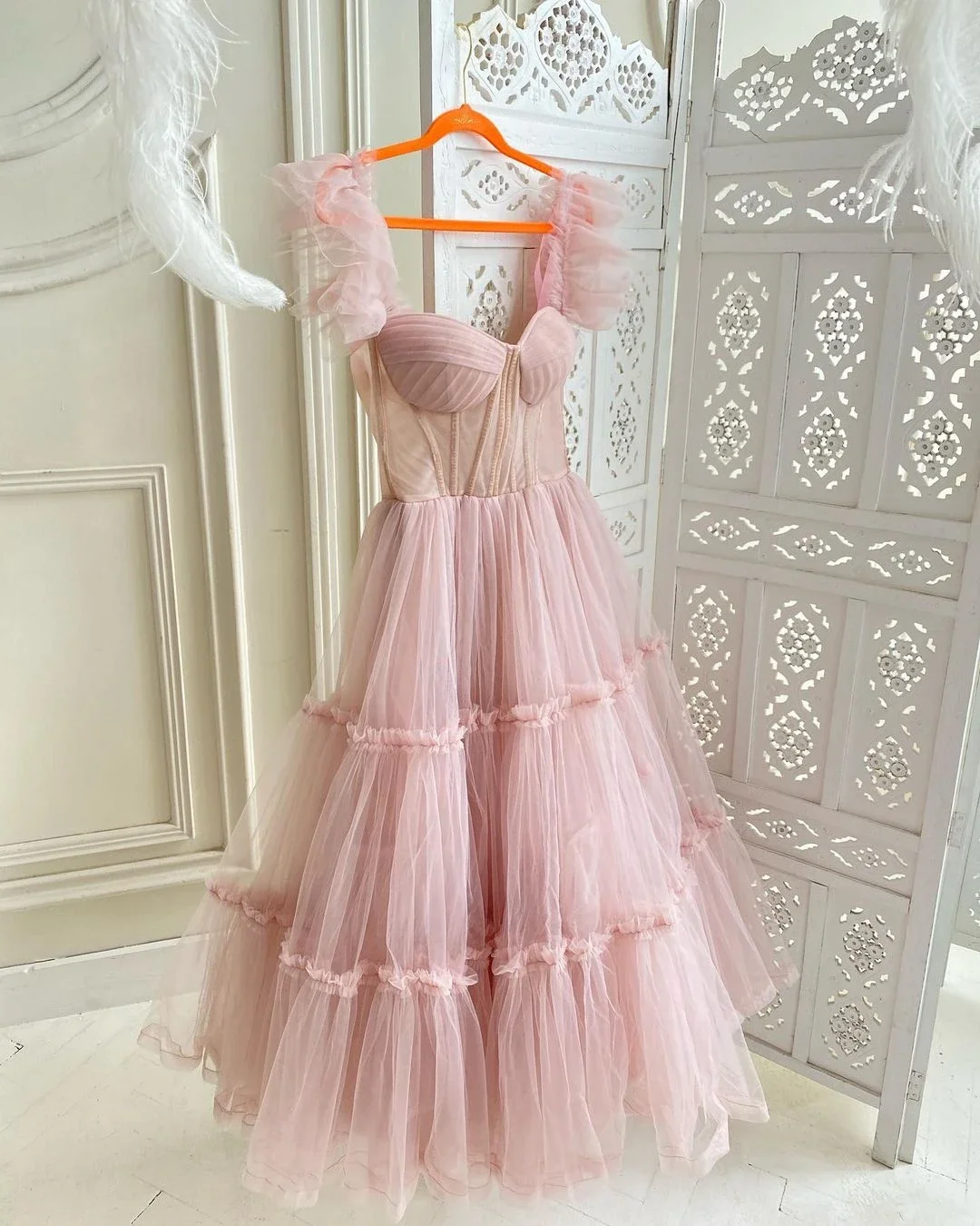 FORMALS Pink A-line Maidens Sweetheart Long Women Dresses Ruffles Puffy Tiered Lush Robe Ruffles Dress Custom Made Prom Gown