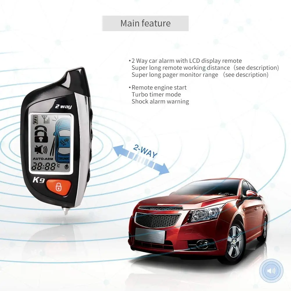 EC200-K9 2 Way Car Alarm System with LCD Pager Display Remote Engine Start Turbo Timer Mode Shock Alarm DC12V Long Rem