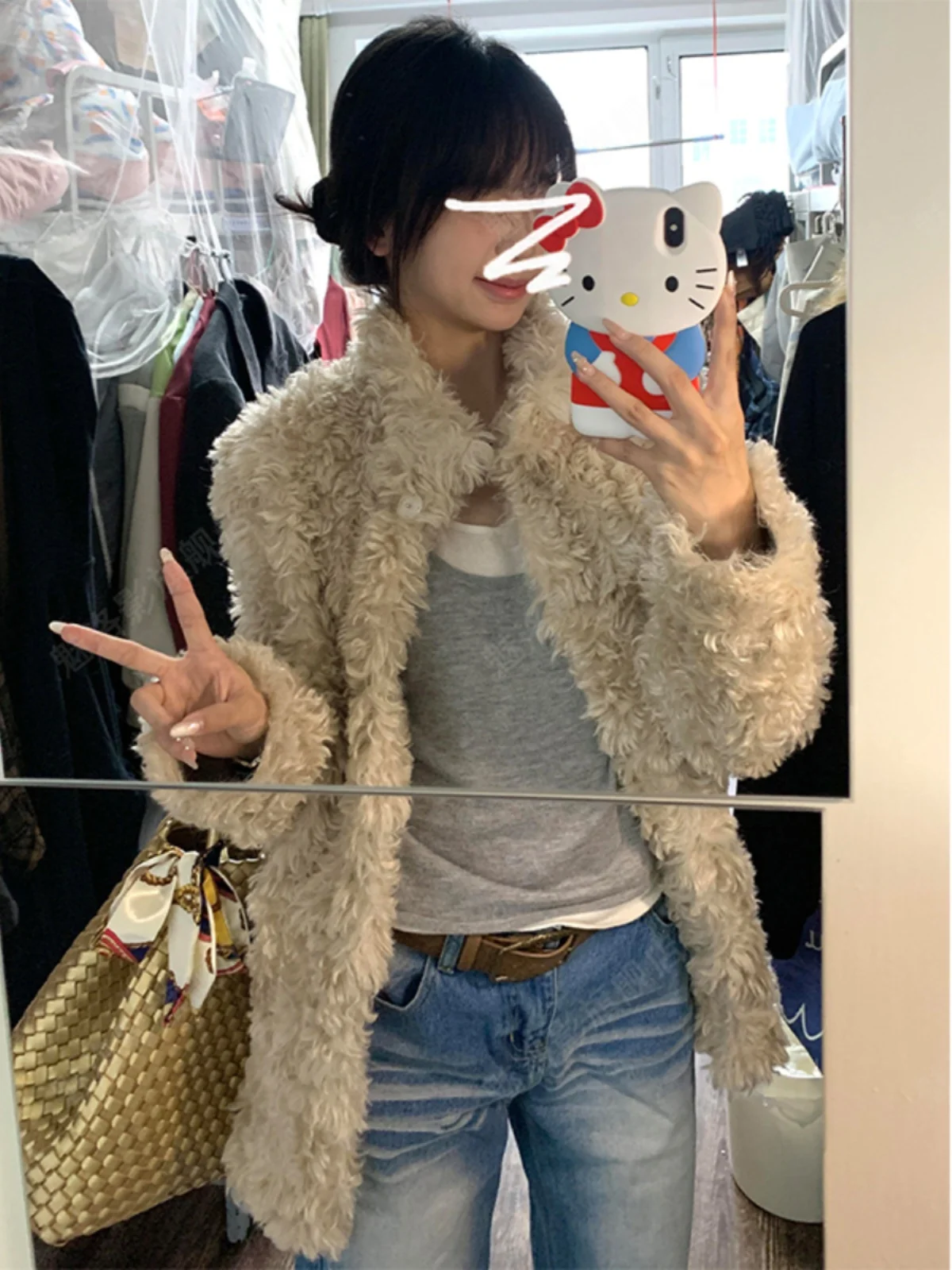 

Корейский стиль: Новое модное повседневное теплое пальто из утолщенного меха ягненка для женщин, осень-зима, на пуговицах