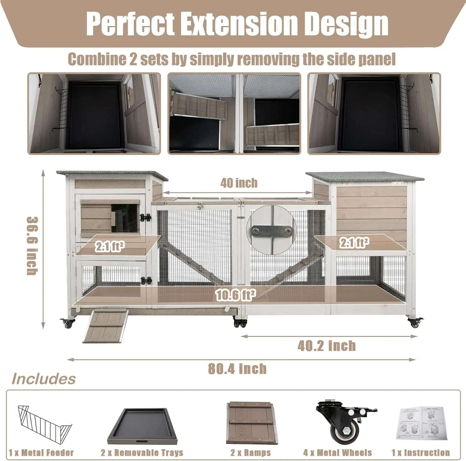 Petscosset 40 "L أرنب القفص داخلي خشبي كبير الأرنب القفص في الهواء الطلق 2 قصة قفص أرنب على 4 عجلات معدنية مع تشغيل و 2 سحب O #5