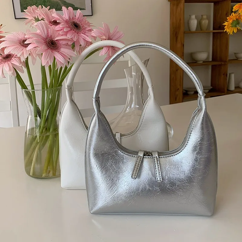 

TRSYPHXM 2024 new French silver texture armpit bag, women's summer texture, niche single shoulder bag, handbag, Korean style bag