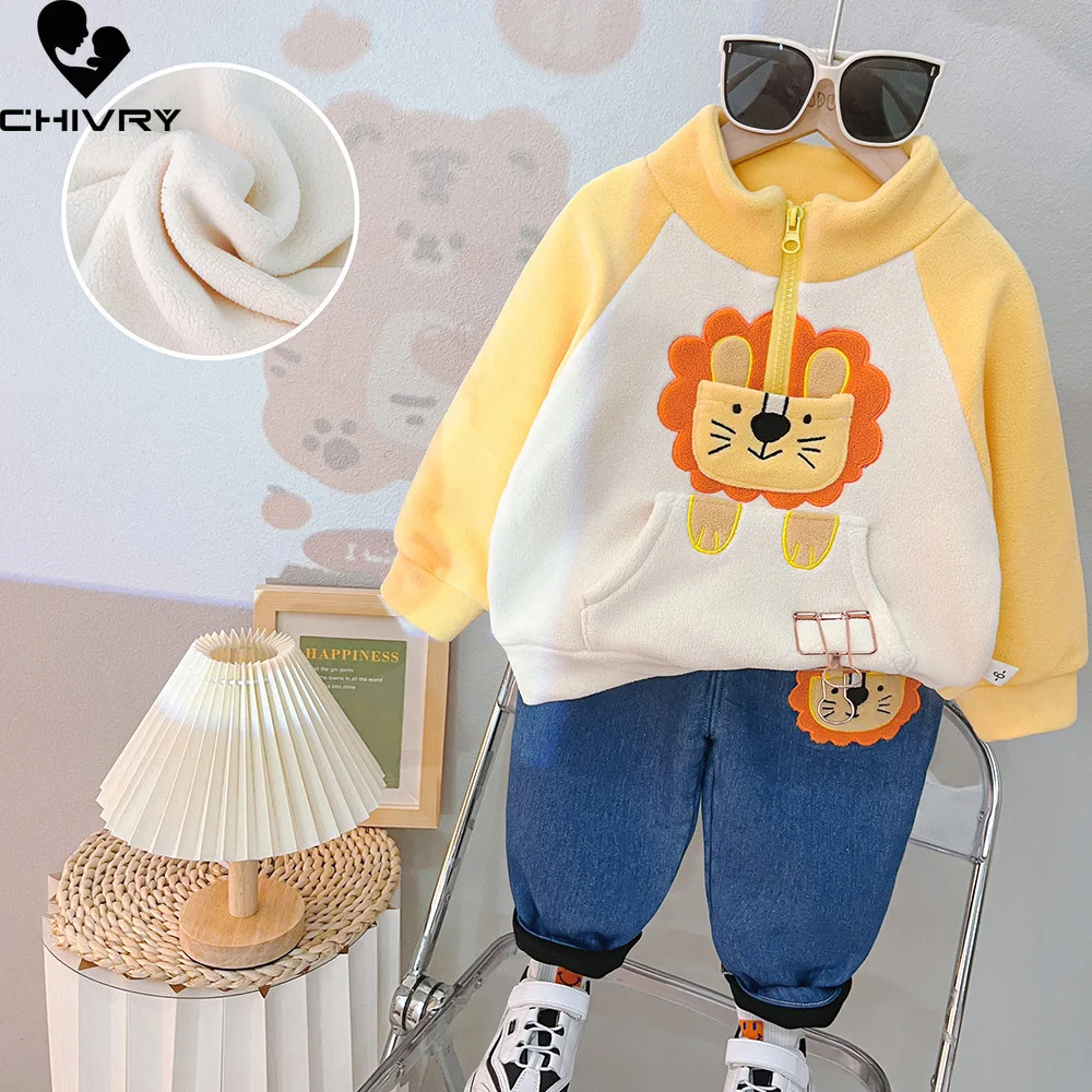 New Kids Boys Winter Cute Cartoon Bear Fleece Thicken Warm Pullover Sweatshirt Tops with Jeans Baby Girls Casual Clothing Sets