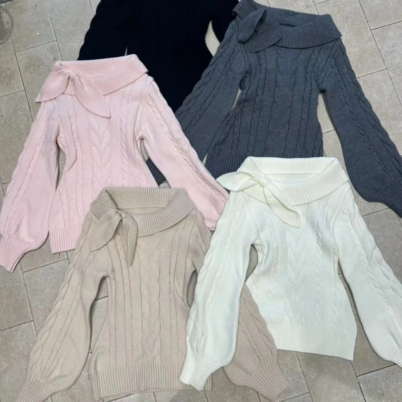 

Зимний милый вязаный теплый модный свитер, женский однотонный пуловер с бантом и длинными рукавами, японский вязаный кавайный ретро тонкий костюм, новинка 2025 г.