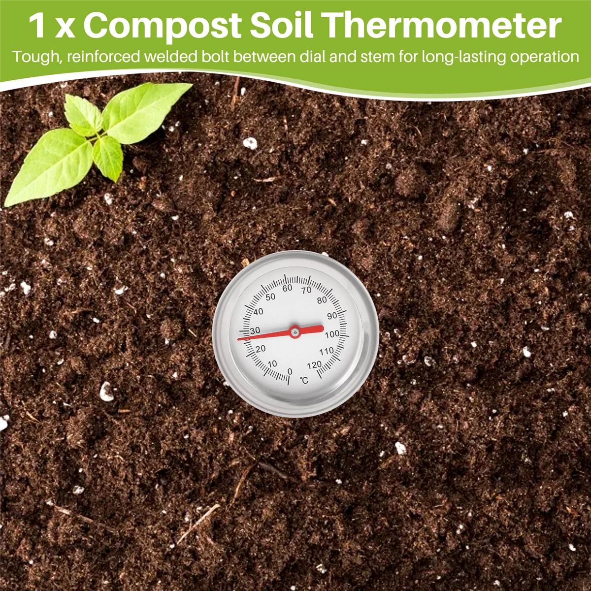 Termómetro de suelo de Compost, Detector de sonda de medición de acero inoxidable de grado alimenticio Premium, 20 pulgadas, 50 Cm de longitud