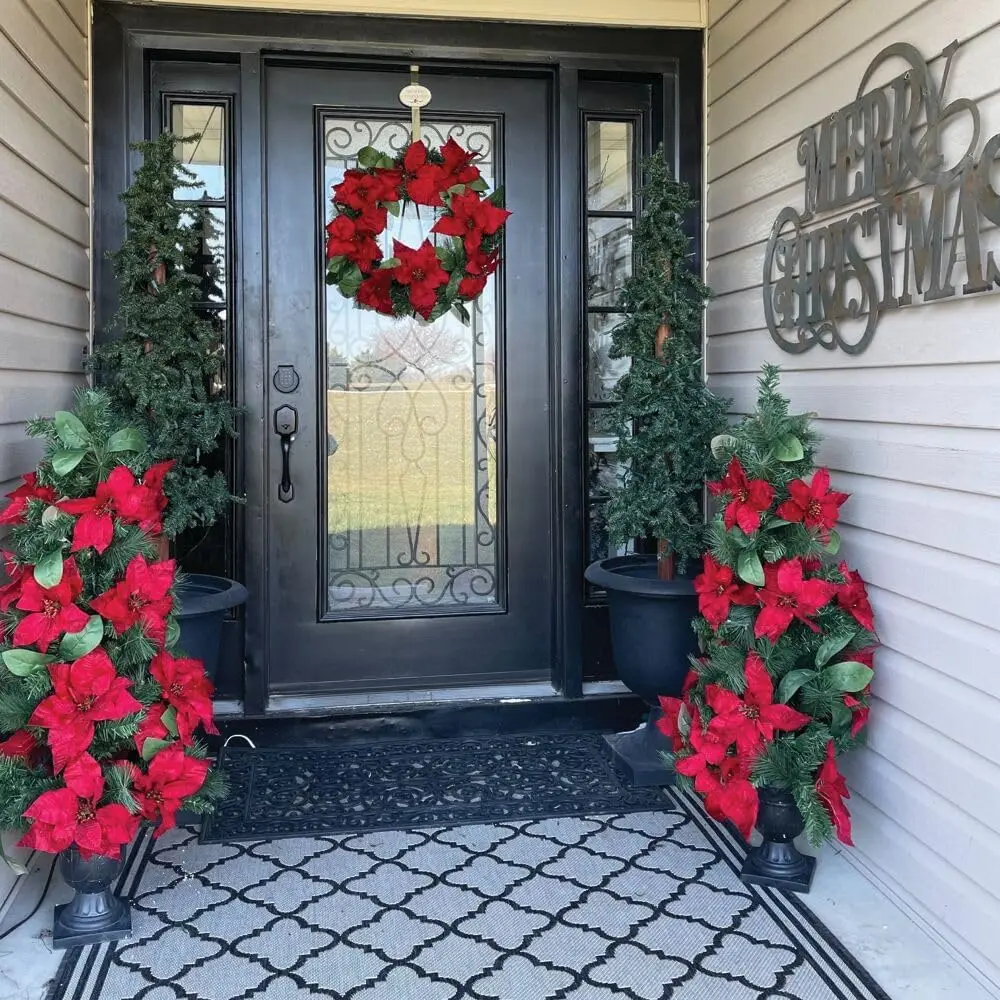 

4-Ft. Small Christmas Trees with Velvet Poinsettia Blooms and Leaf Accents, Set of 2 Traditional and Xmas Trees for Porch