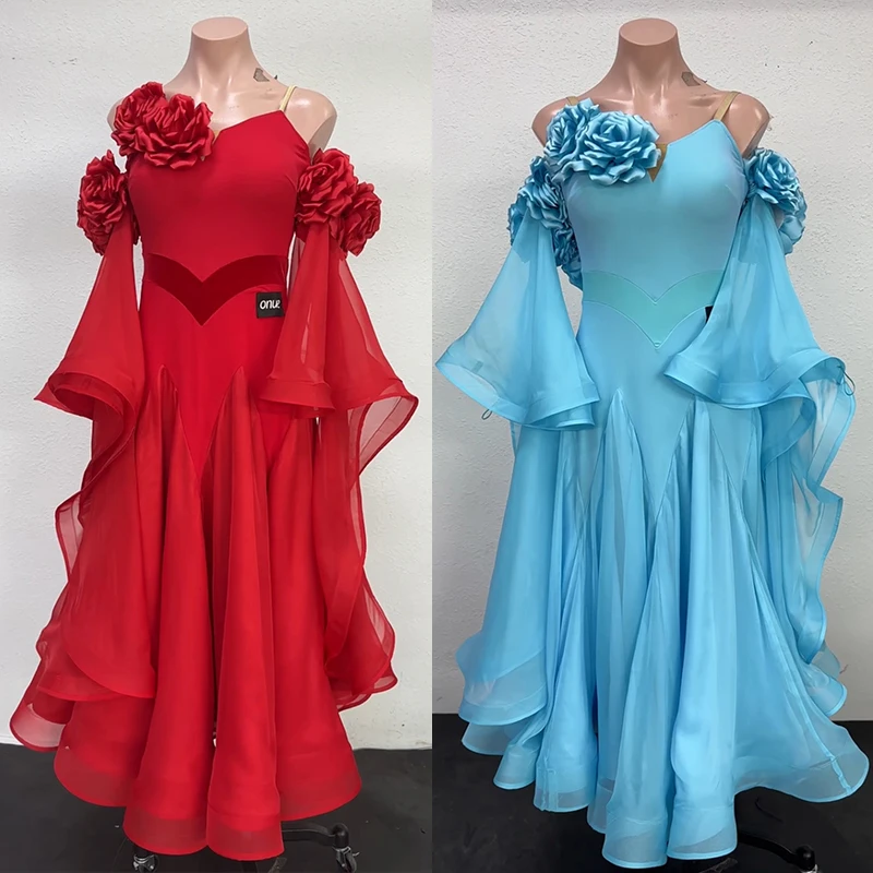 

2026 Luxury Ballroom Dance Costume Women Flower Red Blue Long Dress Waltz Dance Clothing Prom Stage Competition Dress BL16676