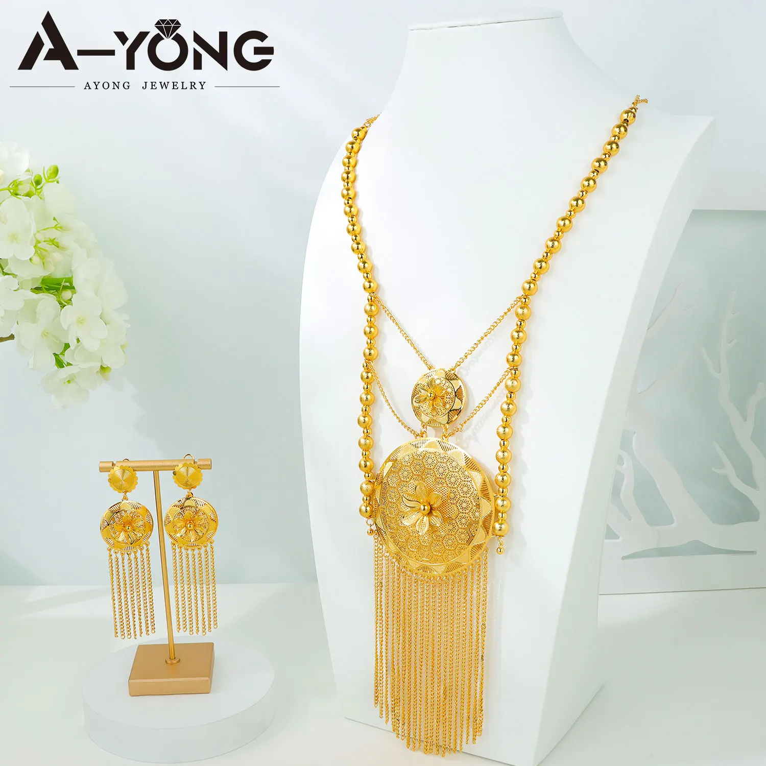 Habesha Bridal Wedding Jewelry Set African Luxury Gold Color Long Necklace Earrings Nigeria Women Engagement Party Jewelrys