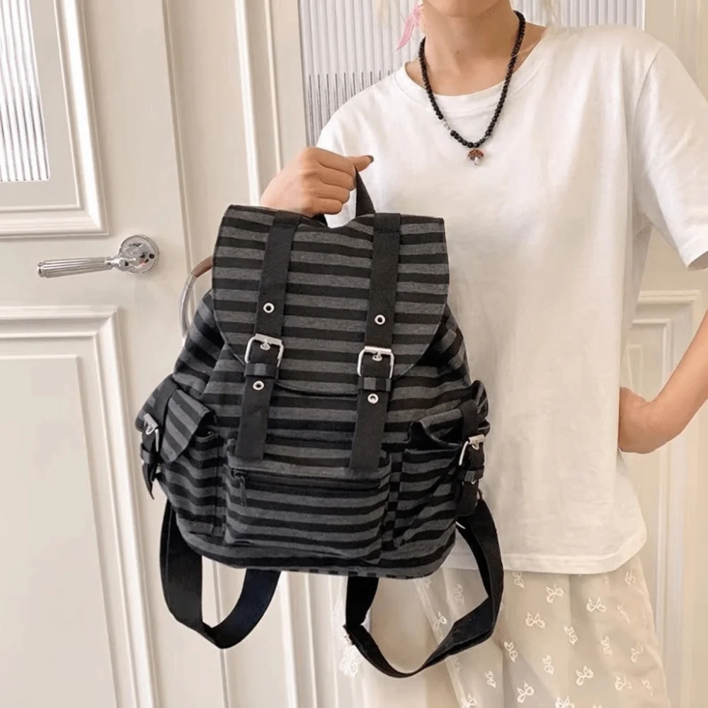 Fashion Large Capacity Striped Backpack Y2K Korean Style Students Schoolbag Multi-pocket Cloth Hiking Camping Bag Students