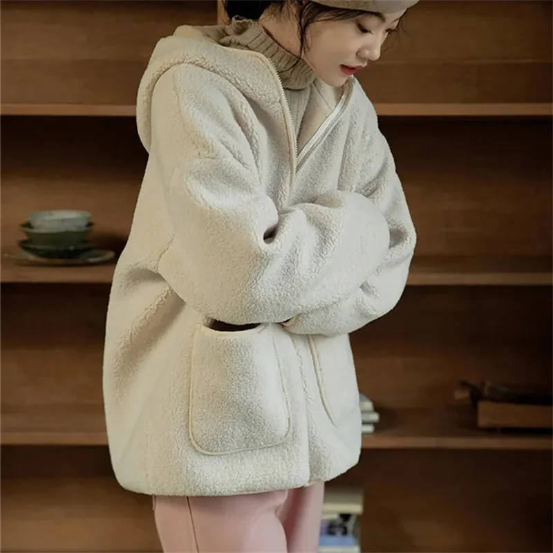 الخريف الشتاء الإناث مقنعين رشاقته أبلى 2025 السيدات موضة الجسيمات المخملية سترة الكورية المرأة طويلة الأكمام معطف فوقي فضفاض #5