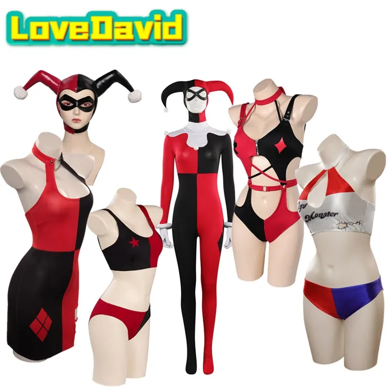 

Quinzel, комбинезон для косплея, нижнее белье, костюм Fantasia, женский купальник, бикини, шляпа клоуна, маска для глаз, наряды, карнавальный костюм на Хэллоуин