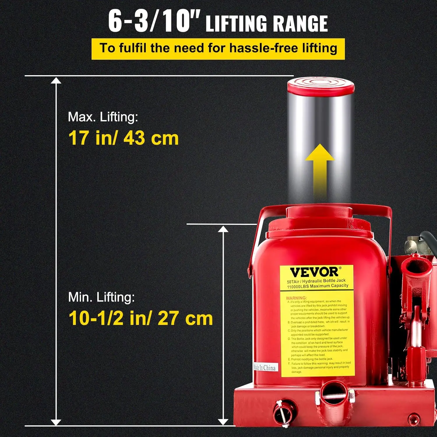 Fles Jack, 50 Ton/110231lbs Lucht Hydraulische Fles Jack, 17 "Max Hoogte Met Pneumatische & Handpomp, Robuust Staal