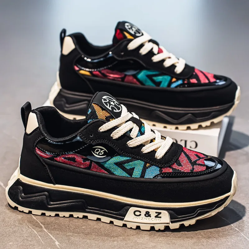 

Letter Patchwork Fashion Sports Sneaker Casual Men Designer Leather Fabric Breathable Height Increased Flat Platform Board Shoes