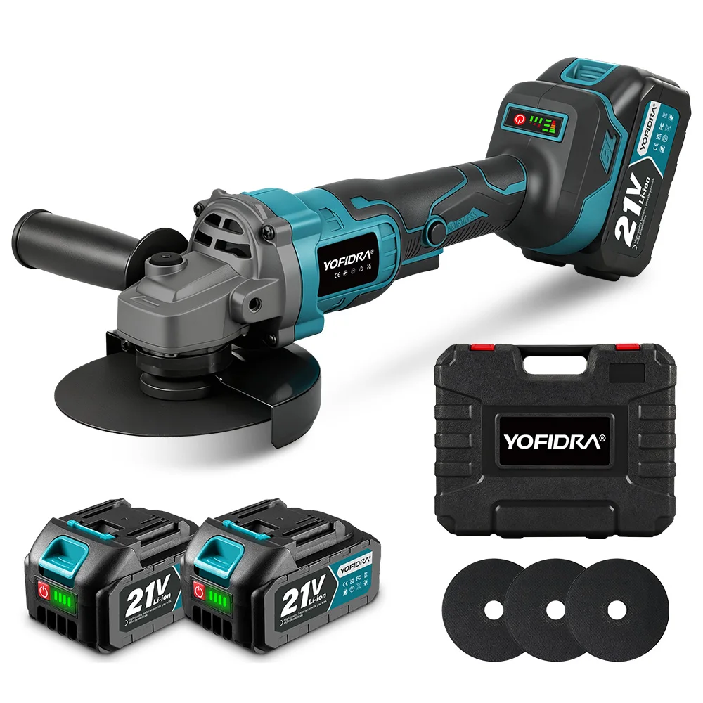 YOFIDRA M14 Bürstenloser Elektrischer Winkelschleifer 125mm 3 Geschwindigkeiten Holzschleif- Polier- und Schneidwerkzeug für Makita 21V Akku