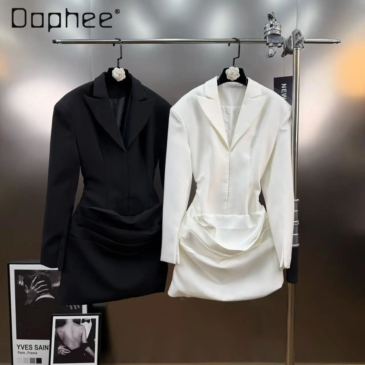 

High-end Elegant Style Suit Collar Long Sleeve Slim Fit Ruched Mini Dress Commuter Style Fashion A-line Suit Dress for Women