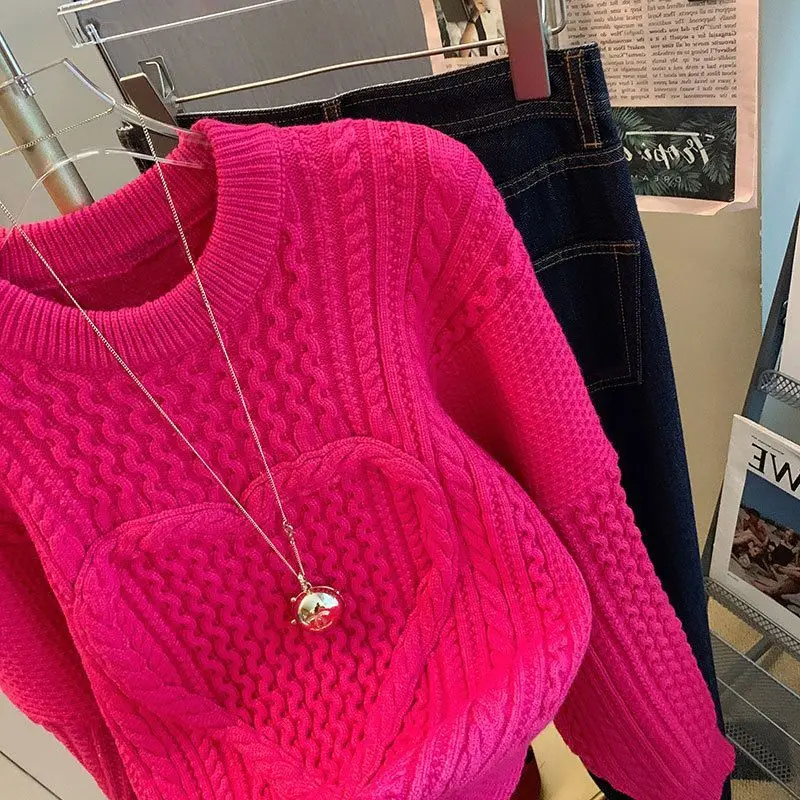 Korejpaa Pull Femme Elegancki różowo-różowy sweter z dzianiny w kształcie serca Koreańska moda Okrągły dekolt Solidny pulower Jesień Zima