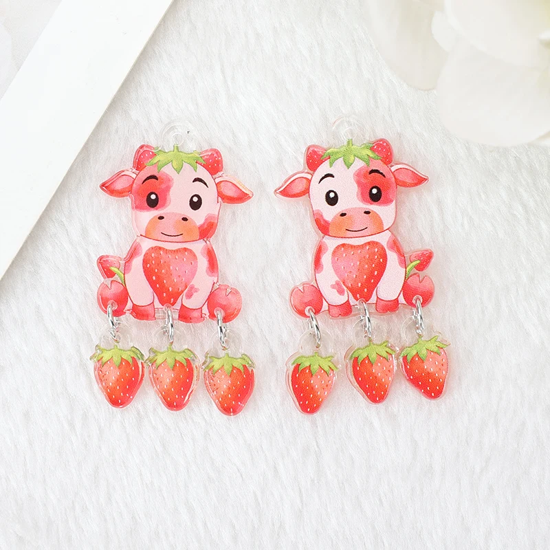 4Pcs Cute Blueberry And Strawberry Cattle Charms Creative Acrylic Pendant For Necklace Keychain Diy Making Accessories