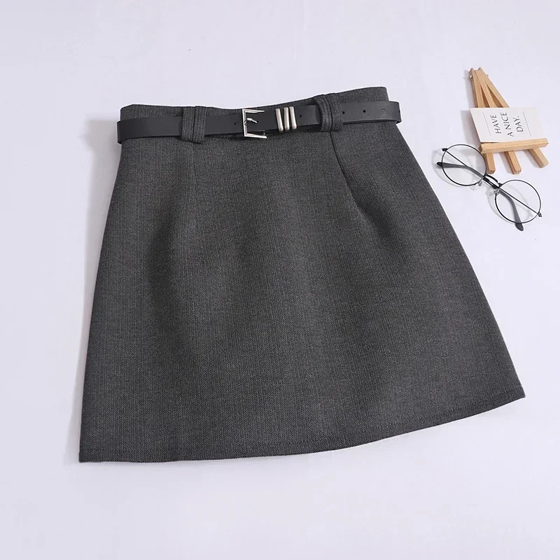 HELIAR Women Woolen High Waist A-line Skirts With Belt Casual Office Mini Skirts Female Solid Elegant Bodycon Skirts Summer