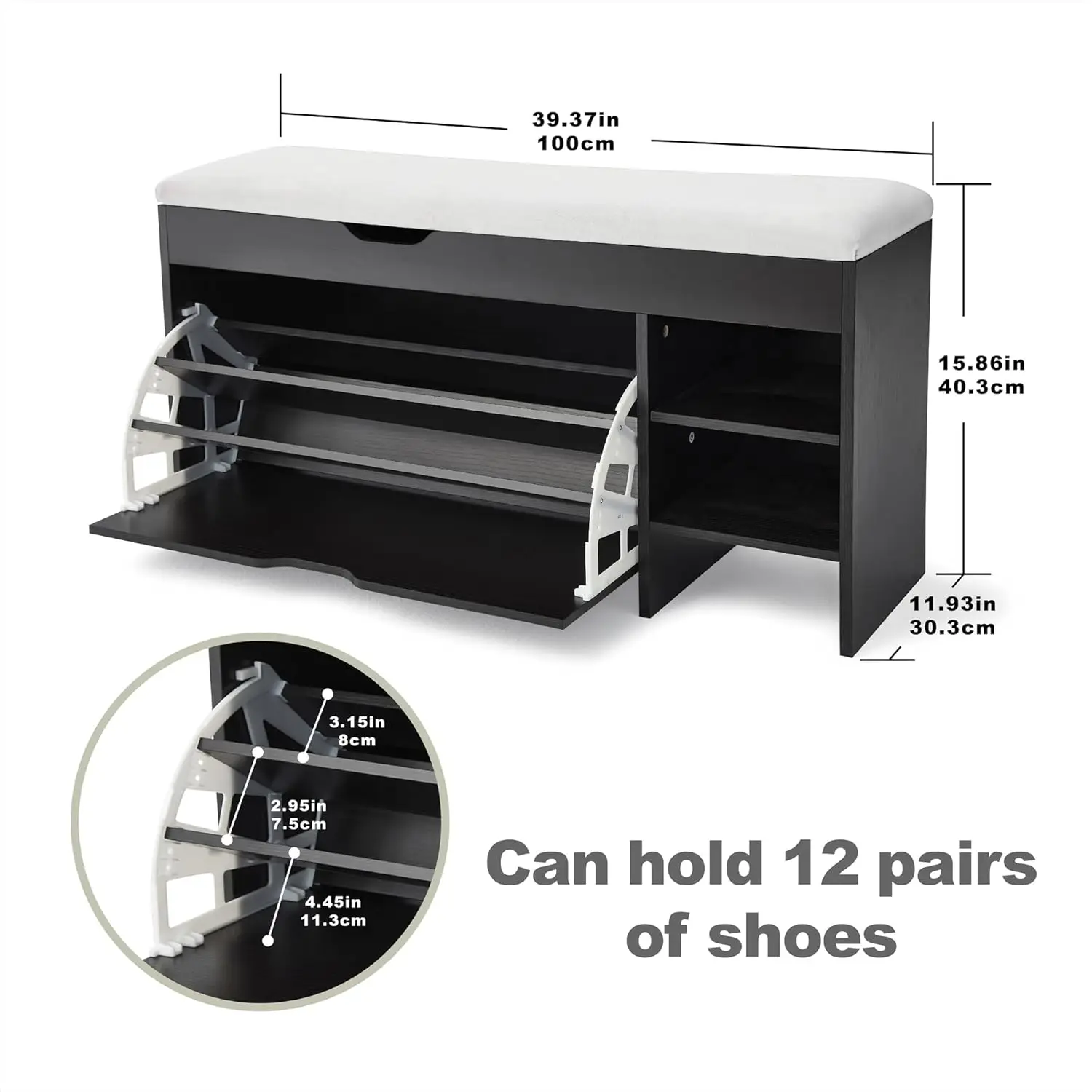 Netstar 3-Tier Shoe Entryway Bench With Cushion, Shoe Rack Bench With Flip Drawer, Shoe Storage Bench With Lift Top Storage