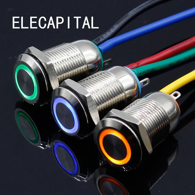 1PC 12MM with LED 12V 24V 220V Metal Button Switch locking push button Self locking waterproof illuminated