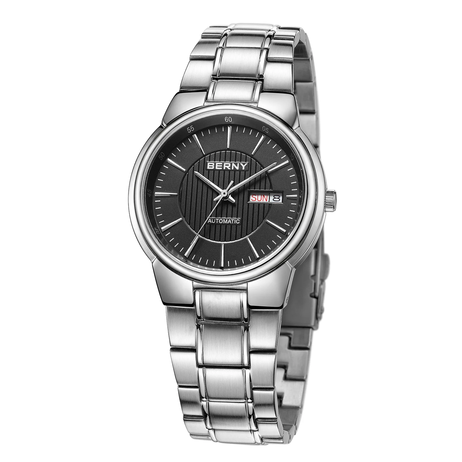 BERNY Luxus Herren Mechanische Uhren Japan BERNY 8205 Tages- und Datumsanzeige Massives Stahlarmband Automatikuhr Herren Wasserdicht 5ATM