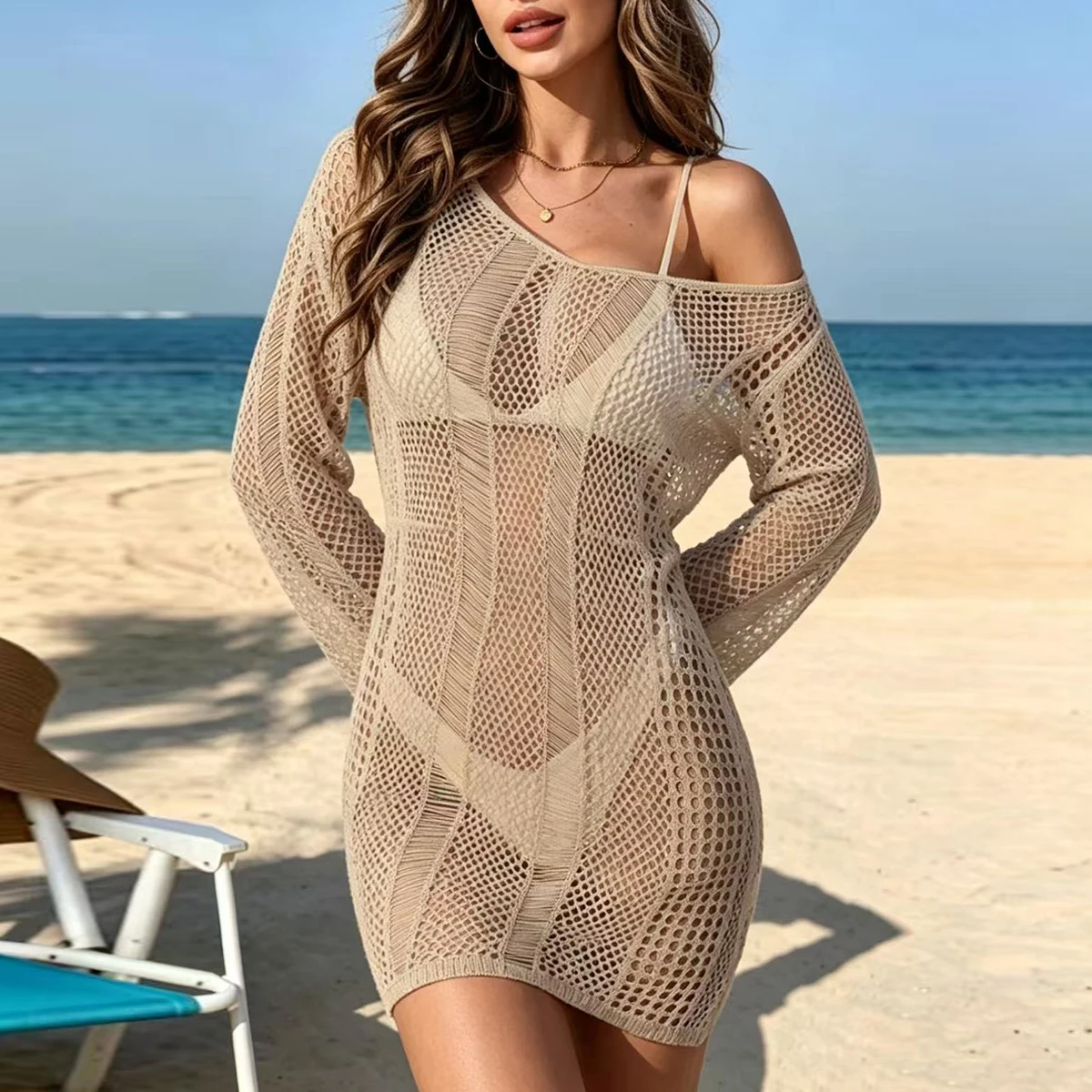 

Vacation Style Backless Tie-Back Knit Dress, Fashion Sexy Long Sleeve Hollow Out Texture Beach Cover-Up, Trendy Summer Wear