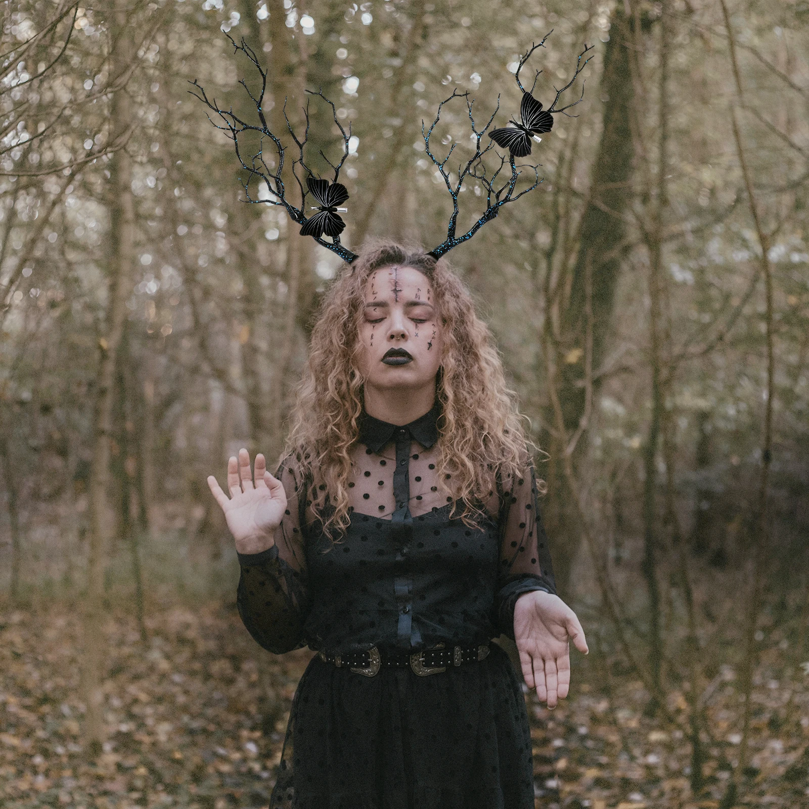 

Повязка для волос в форме ветки, головной убор в мексиканском стиле «Темный» в готическом стиле с бабочками, украшение для волос, головной убор с веткой рога для вечеринки