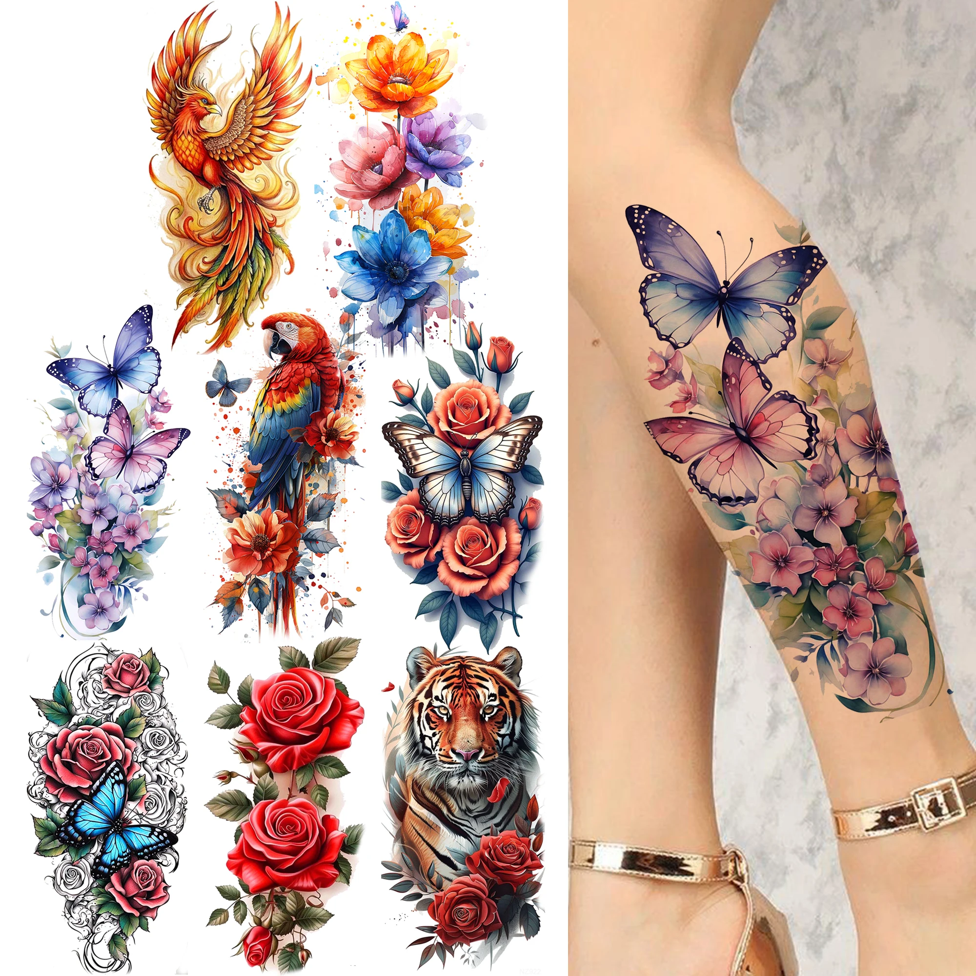

1 Sheet Butterfly Watercolor Flower Tiger Temporary Tattoos For Women Men Adults Fake Phoenix Parrot Lotus Tattoo Sticker Sleeve