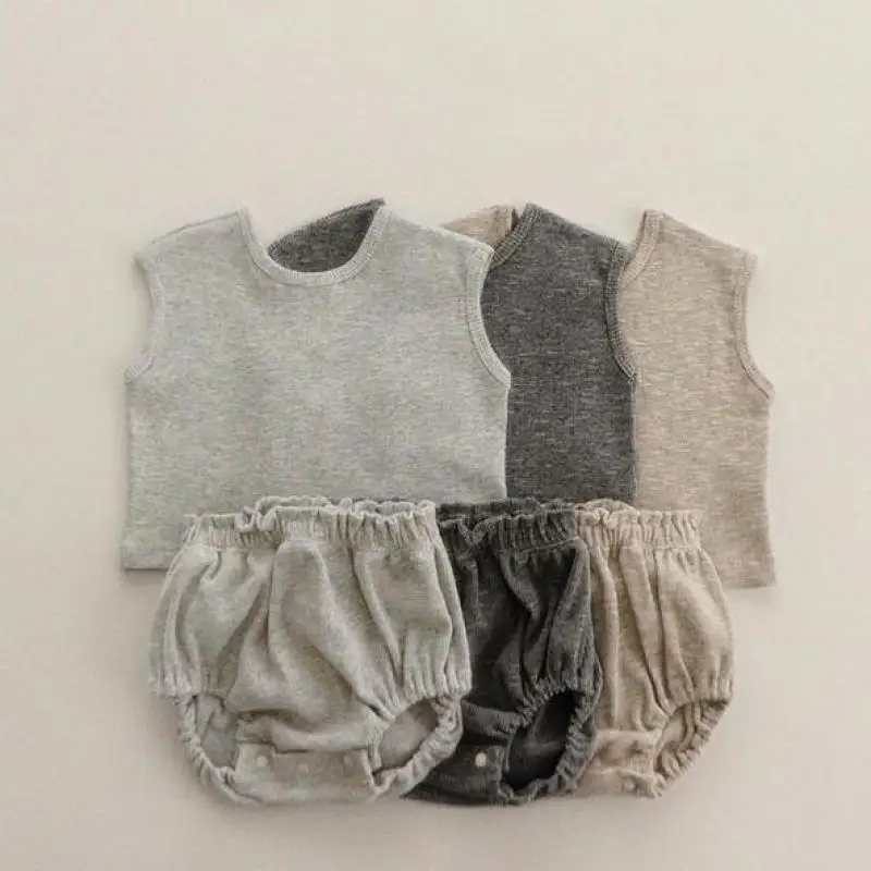 2026 Summer New Baby Sleeveless Breathable Clothes Set Cotton Kids Pajamas Set Infant Vest Shorts 2pcs Suit Solid Baby Outfits