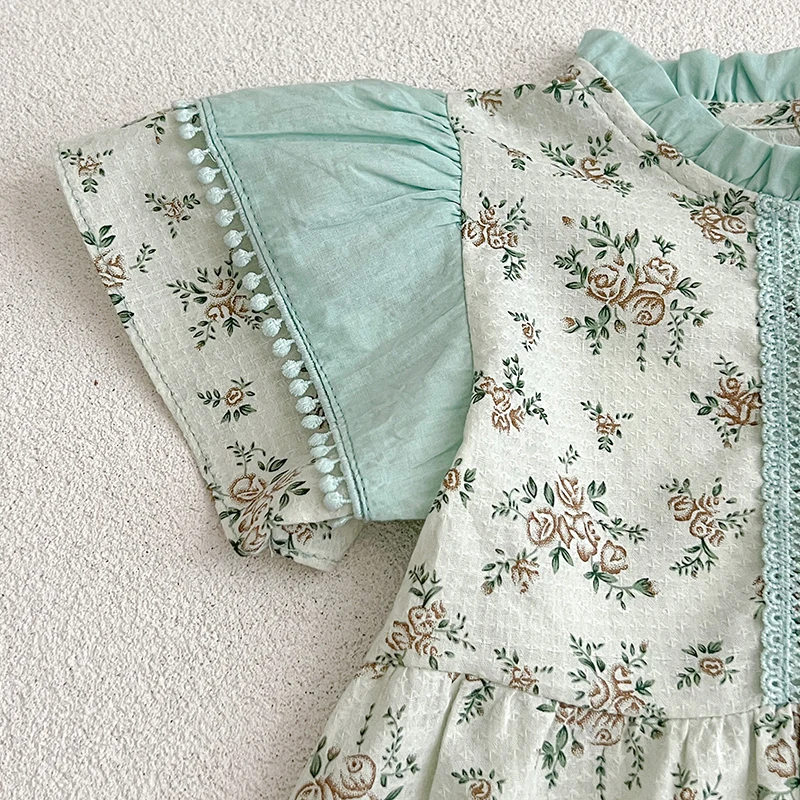 Manga puff infantil vestido de princesa, roupas de verão para meninas, menina criança, flores azuis, renda, moda infantil