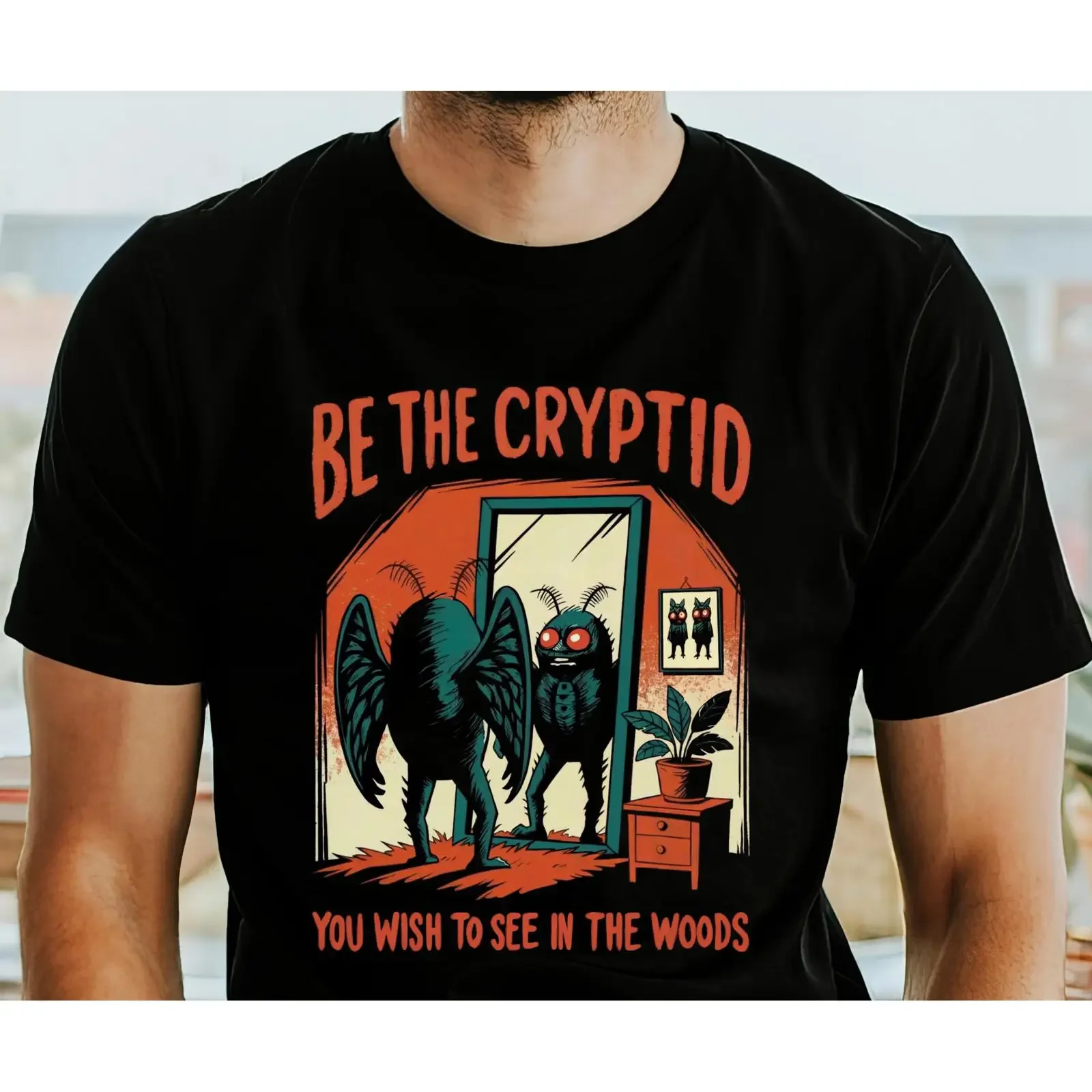 Be The Cryptid You Wish To See In Woods Mothman Funny T Shirt Retro Paranormal Supernatural for Him Her vintage Washed