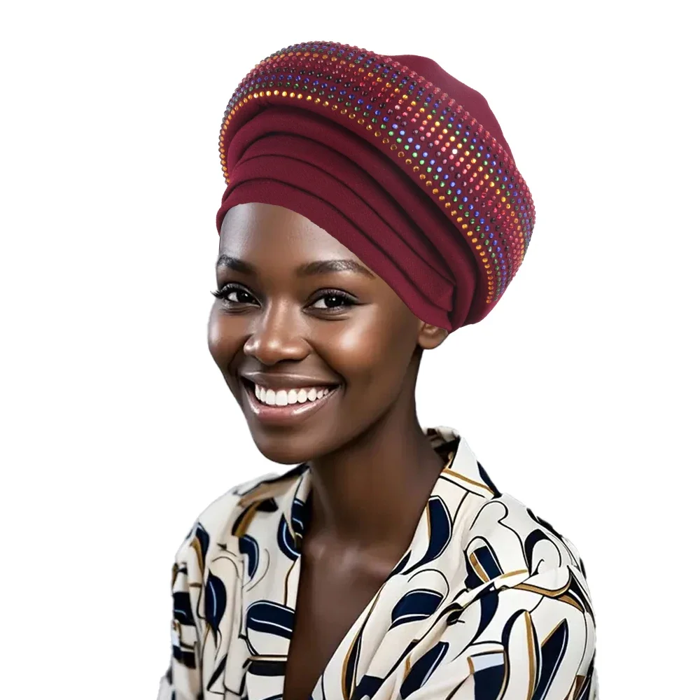 

African Turban Cap Diamonds Women's Autogele headtie Already Made Auto Gele Head Wraps Nigeria Wedding Headgear Turbante New