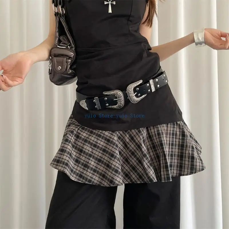 X7XB Edgy Double Buckles Waist Belt With Studded Accents Retro Punk Accessory