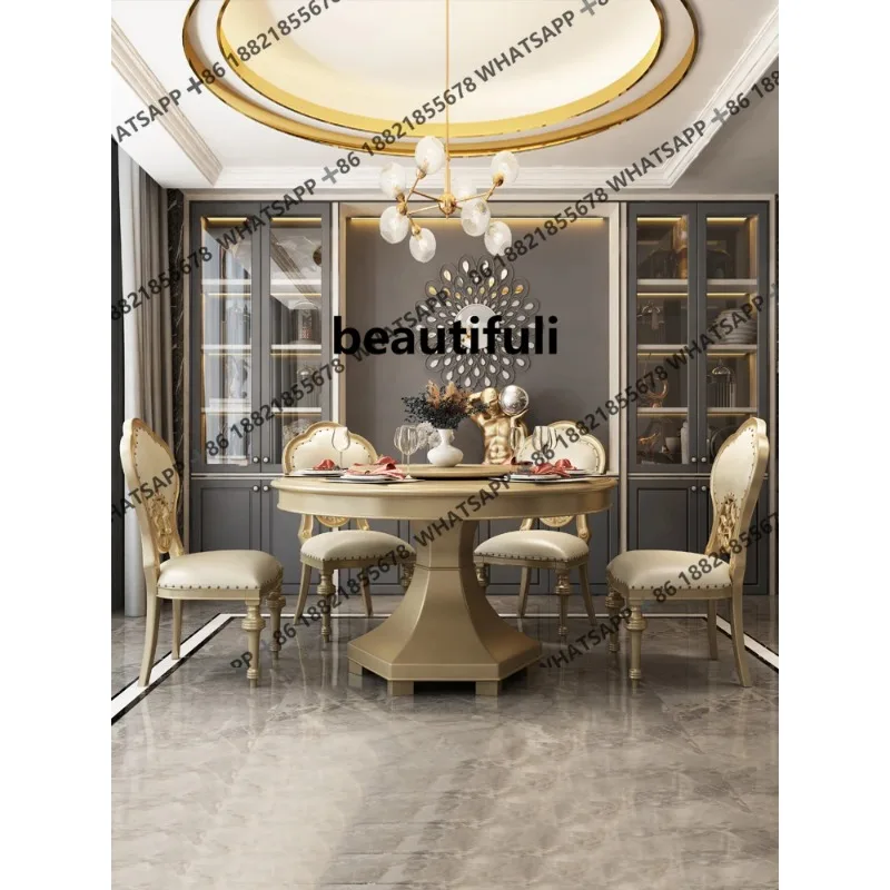 

H American marble dining table solid wood round with turntable household European dining table and chair combination
