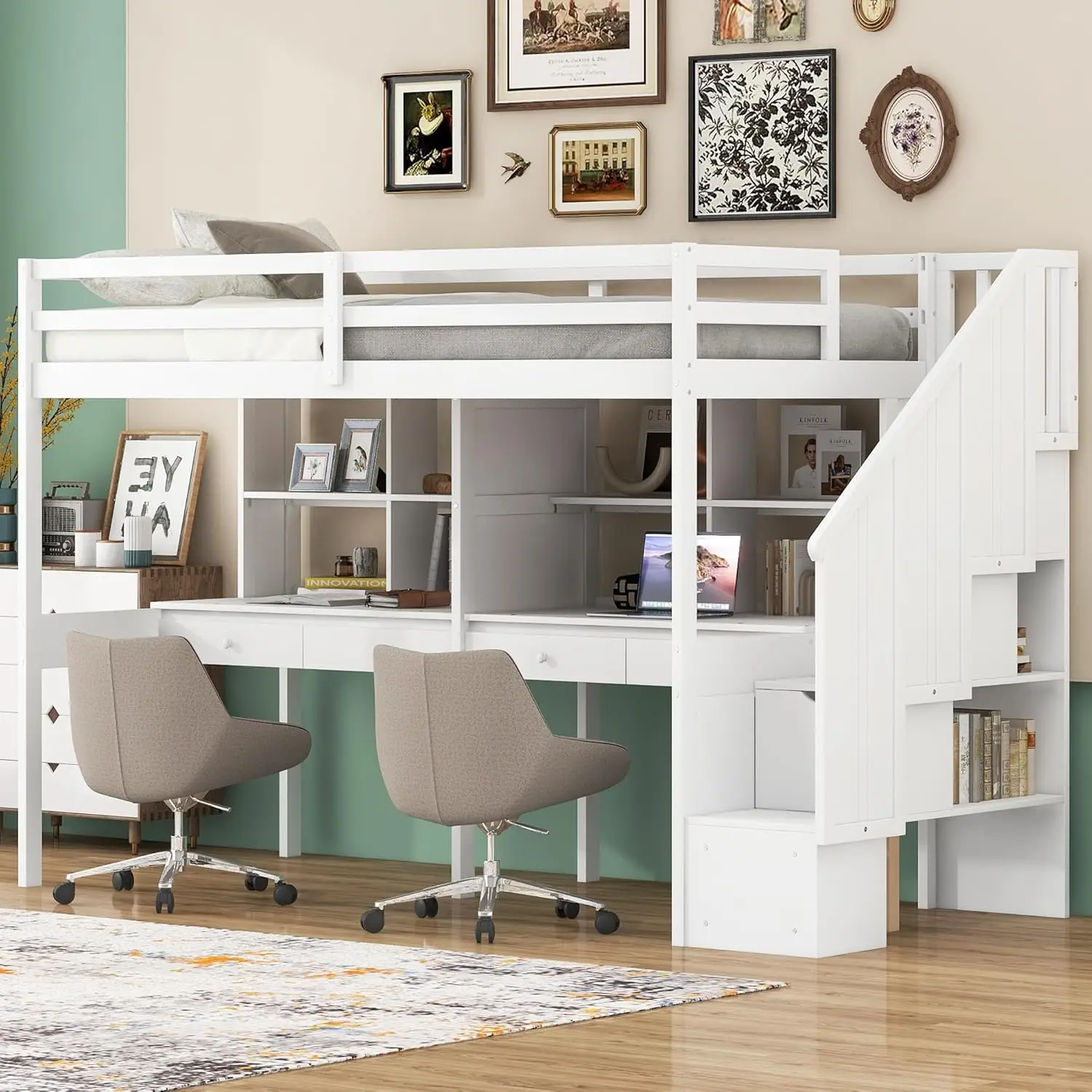 

Merax Twin Size Loft Bed with Double Desks, Wood Twin Loft Bed Frame with Storage Staircase and Shelves, Bedroom FurnitureWhite