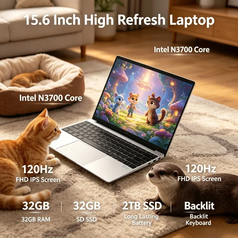 

2026 New 15.6" Laptop Intel N3700 120Hz FHD IPS Display 32GB RAM 2TB SSD Large Battery Backlit Keyboard