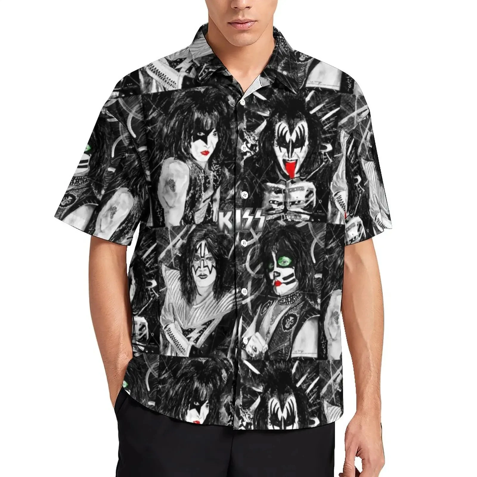 Homens e mulheres Beijo Banda Rostos Férias Camisa 3D Estampada, Moda Casual, Manga Comprida, Tops de Lapela, Roupa Unissex, Grande