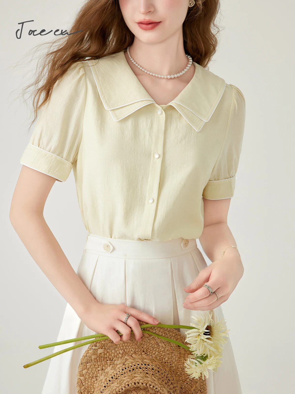 JOREEU Summer Double Polo Collar Sweet Shirt Women 2024 Fashion Solid Simple Loose Button Up Short Sleeve Blouse Woman T01609